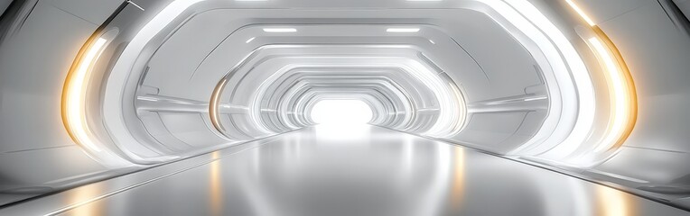 Fototapeta premium A futuristic white corridor with glowing accents, evoking advanced technology and a showroom atmosphere.