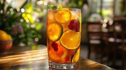 Refreshing drink served in a glass with ice and citrus fruits at a sunny outdoor setting