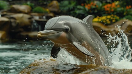 Dolphin leaping, aquatic park, lush background, wildlife