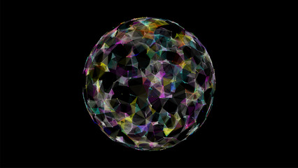 Futuristic vector colors sci-fi sphere in space. Technology circle a network connection big data. Digital ai background with particles. Abstract frame ball. 3D wireframe geometric sphere.