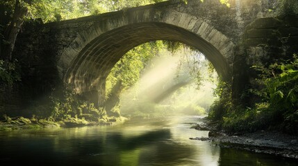Enchanted Stone Bridge Over a Serene River in a Lush Forest