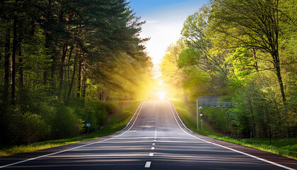 toll road into silent wooded area in spring with lovely vibrant sun rays