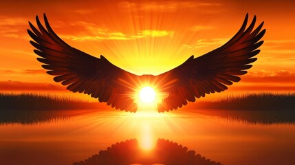 Majestic Wings Embracing the Golden Sun – Symbolizing Freedom, Hope, and New Beginnings in a Serene Sunrise Over Calm Waters