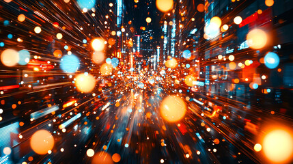 Naklejka premium Dynamic Cityscape: A Symphony of Lights and Motion at Night. Experience the vibrant energy of urban life through a captivating abstract perspective of speed and movement.