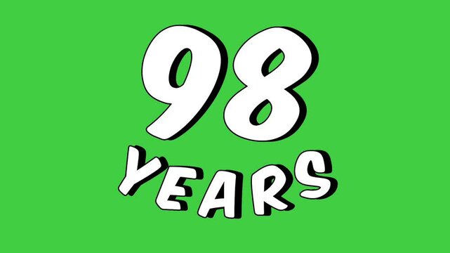 Number 98 years text animation motion graphics cartoon on green screen.celebration, anniversary, birthday concept.