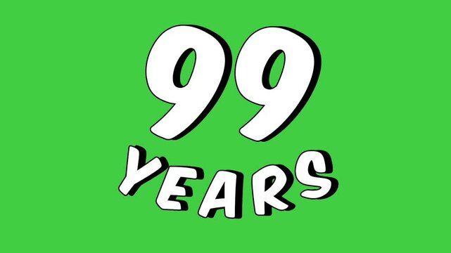 Number 99 years text animation motion graphics cartoon on green screen.celebration, anniversary, birthday concept.