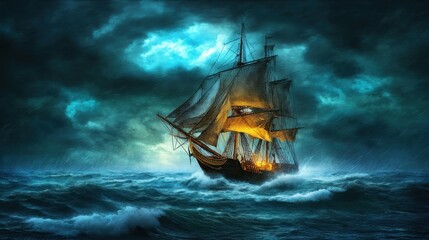 Fototapeta premium Dramatic Sailing Vessel Navigating Stormy Seas