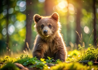 Obraz premium Adorable Brown Bear Cub in Forest with Bokeh Background - Wildlife Photography