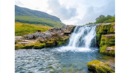 Fototapeta premium The waterfall in the Lake District of Cumbria cascades over rugged, moss covered rocks, sending a mesmerizing spray of crystal clear water into a tranquil pool below