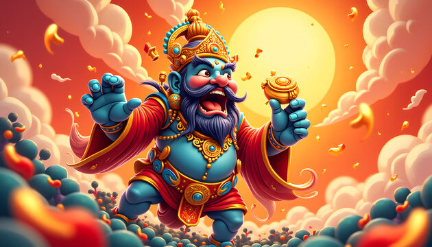 Vector illustration of the god of wealth in the form of a smiley face, where the gods are funny faces, with bright and saturated colors to attract attention