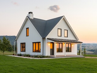 Obraz premium A modern, white house with large windows sits in a green landscape under a pastel sunset sky, showcasing contemporary architecture and serene surroundings.