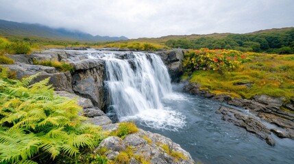 Fototapeta premium The cascading waterfall tumbles down the rugged rocks, surrounded by lush green ferns and vibrant tropical flowers, creating a breathtaking scene of natural beauty and serenity.