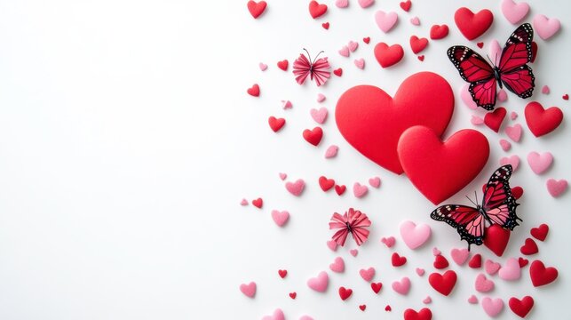 Red and pink hearts with butterflies scattered on white background create romantic and whimsical scene