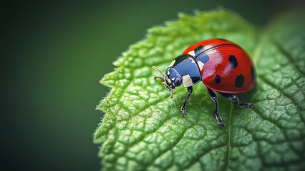 Fototapeta premium ladybug sits on bright green leaf, showcasing its vibrant red and black spotted shell in detailed macro shot. image captures intricate textures of both insect and leaf, highlighting nature beauty