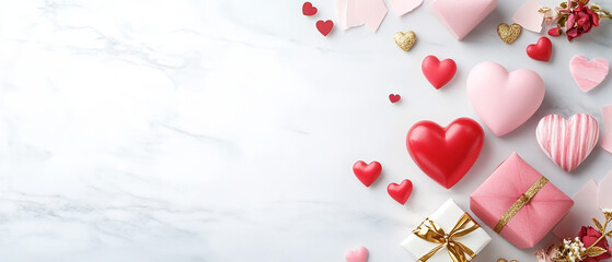Valentine Day flat lay with pink and red hearts, gift boxes, and golden accents on marble background.