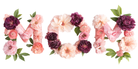 Mom Text Formed with Flowers in Artistic Arrangement on Black Background. Elegant look, celebrating motherhood or decorations.