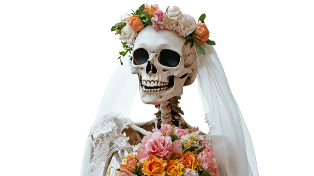 Creepy bride skeleton with flowers , isolated on transparent background