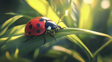 Fototapeta premium ladybug with vivid red and black markings rests on green leaf, basking in warm sunlight amidst lush foliage, creating serene and vibrant natural scene