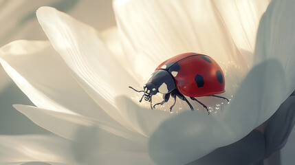 Obraz premium macro photograph of ladybug perched on delicate white flower, showcasing its vibrant red shell with black spots in serene and natural setting