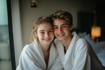 Young caucasian couple at indoors in a bathrobe