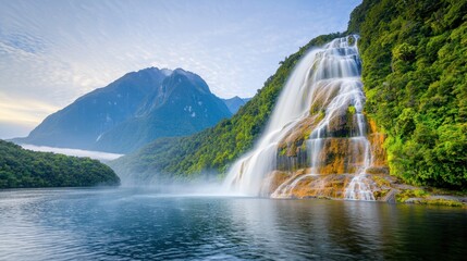 Fototapeta premium The waterfall in Milford Sound New Zealand is a stunning natural display of water cascading down a sheer cliff face, surrounded by lush greenery and mist creating a magical and serene atmosphere.