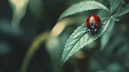 Fototapeta premium red ladybug crawls on vibrant green leaf, showcasing nature beauty and detail. sharp contrast between ladybug bright color and lush foliage highlights intricate patterns of leaf