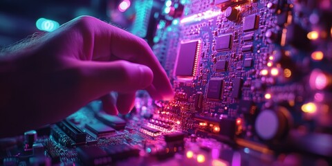 Obraz premium A futuristic microchip held in a gloved hand, symbolizing technological advancements and innovation, perfect for tech marketing.