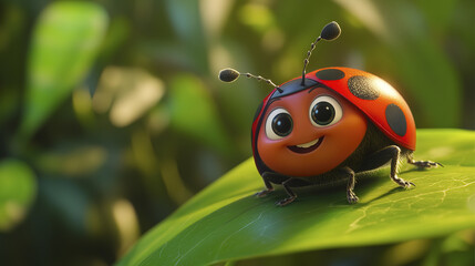 Fototapeta premium smiling, friendly ladybug with vibrant red and black spots sits on green leaf, surrounded by lush, blurred background, creating cheerful and lively scene