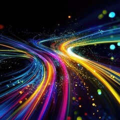 Colorful light trails swirl, abstract speed, night, motion blur, tech background, website banner