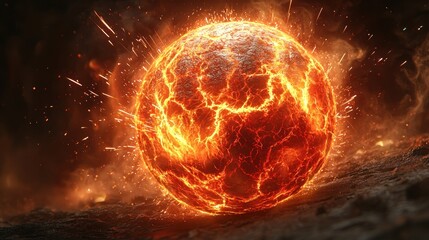 Fiery planet exploding with lava cracks on a burning surface amidst dark space debris