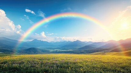 Naklejka premium Rainbow over mountain meadow sunset landscape, nature scene