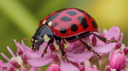 Fototapeta premium vivid ladybug with red and black spots sits on pink flower, showcasing its vibrant colors against blurred green background