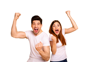 Portrait of two nice attractive lovely charming cheerful cheery crazy overjoyed people having fun lottery win winner best lucky victory isolated over vivid shine bright yellow background