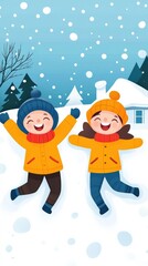 Fototapeta premium Joyful Children Playing in Winter Wonderland Snow With Bright Orange Jackets and Hats, Cheerful Expressions Amidst Snowflakes and Pine Trees