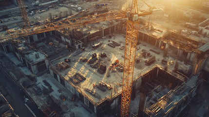 Aerial view of construction site with large crane at sunset, casting long shadows over unfinished building. scene captures dynamic progress and industrial atmosphere