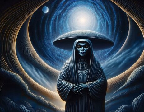 Alien themed images. Alien, ufo, flying disk, flying eye, robot, spaceship, technology. With artificial intelligence software.