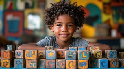 Boy plays with alphabet blocks in colorful classroom