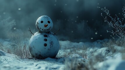 Snowman standing alone in a snowstorm with cracked buttons