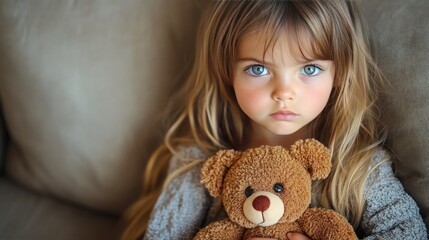 Girl, teddy bear, sofa, indoor, pensive expression, childhood innocence, stock photo
