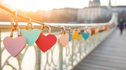 Forever Love Locks: A picturesque view of a bridge adorned with colorful heart-shaped padlocks, symbolizing eternal love and commitment. This enchanting image evokes feelings of romance, hope.
