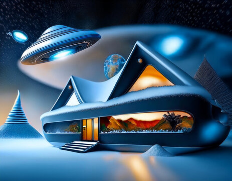 Alien themed images. Alien, ufo, flying disk, flying eye, robot, spaceship, technology. With artificial intelligence software.