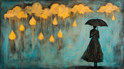 Fototapeta premium Woman silhouette under umbrella, golden rain from clouds, teal background.
