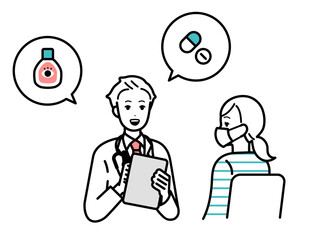 Illustration of a woman consulting a doctor for hay fever.
