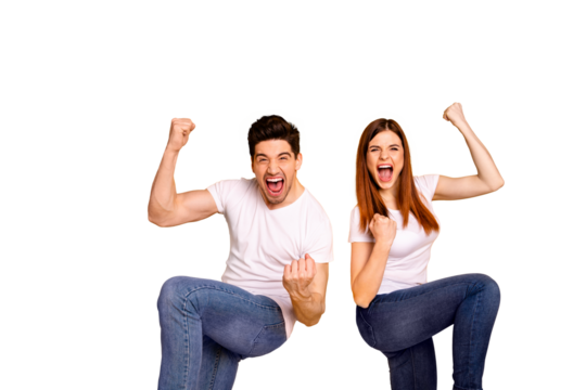 Portrait of two nice attractive lovely charming cheerful cheery crazy ecstatic people having fun good mood lottery win winner best lucky yes goal isolated over vivid shine bright yellow background - Powered by Adobe