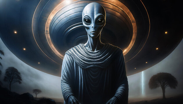 Alien themed images. Alien, ufo, flying disk, flying eye, robot, spaceship, technology. With artificial intelligence software.