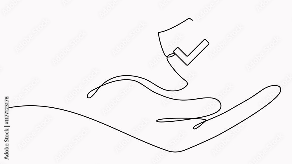 Poster shield badge with checkmark in hands continuous line animated video. guard hand drawing sign animati