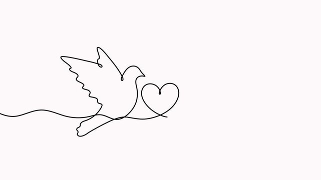 Flying couple doves with heart shape continuous line drawing animated video. Love and freedom bird symbol animation.