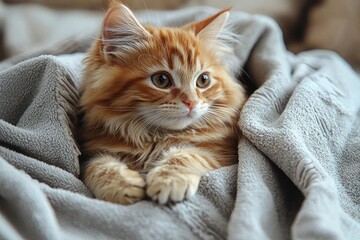 Ginger kitten resting on sofa, wrapped in soft grey blanket