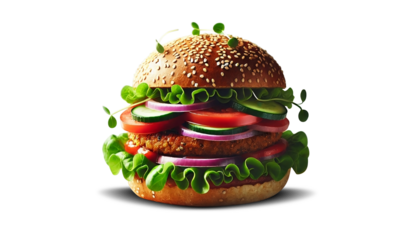 Healthy Veggie Burger with Fresh Vegetables on Sesame Seed Bun, Vibrant Scene