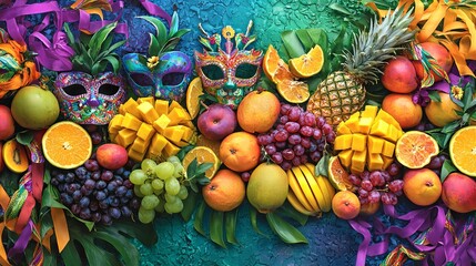 Vibrant Brazilian Carnival Masks and Tropical Fruit Arrangement Concept of Celebration, Cultural Festivity, Exotic Fruits, and Colorful Decorations
